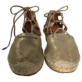 Aquazzura- Aquazzura Lace-Up Close Toe Espadrille Flats in Gold Leather-Golden,Metallic