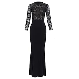 Michael Kors-Michael Kors Collection Lace Overlay Top Crop Sleeve Long Gown-Black