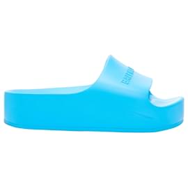 Balenciaga-Balenciaga Logo Embossed Rubber Platform Chunky Slides-Blue
