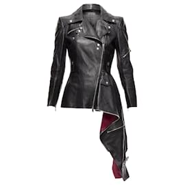 Alexander Mcqueen-Alexander Mcqueen Leather Zip Asymmetric Hem Biker Jacket-Black