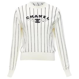 Chanel-Chanel cashmere striped logo varsity sweater top-White