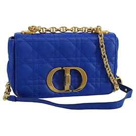 Christian Dior-Christian Dior Canage Chain caro Shoulder Bag Leather Blue Gold Auth 101549-Blue,Golden