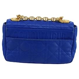 Christian Dior-Christian Dior Canage Chain caro Shoulder Bag Leather Blue Gold Auth 101549-Blue,Golden