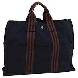 Hermès-HERMES Fourre Tout MM Sac Tote Toile Marine Marron Auth ti2457-Marron,Bleu Marine