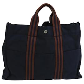 Hermès-HERMES Fourre Tout MM Sac Tote Toile Marine Marron Auth ti2457-Marron,Bleu Marine