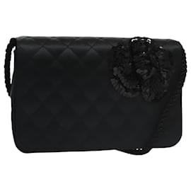 Chanel-CHANEL Matelasse Sequin Flower Shoulder Bag Satin Black CC Auth 99855-Black