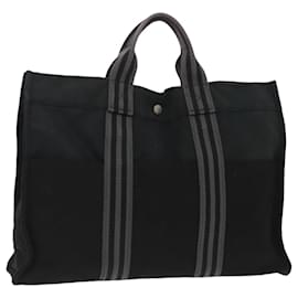 Hermès-HERMES Fourre Tout MM Hand Bag Canvas Black Silver Auth bs20140-Black,Silvery