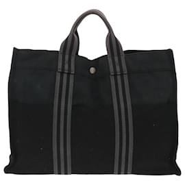 Hermès-HERMES Fourre Tout MM Hand Bag Canvas Black Silver Auth bs20140-Black,Silvery
