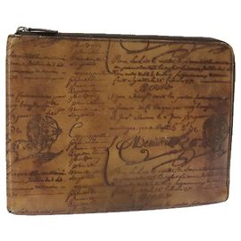 Berluti Calligraphy Clutch Bag Leather Brown Auth bs19901 Brown