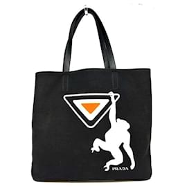 Prada-Prada Monkey Logo Canvas Tote Bag Black-Black