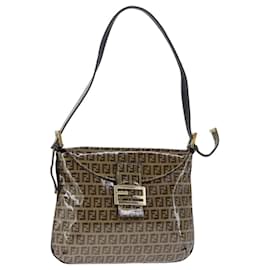 Fendi-FENDI Zucchino Canvas Mamma Baguette Shoulder Bag Enamel Brown Gold Auth 101410-Brown,Golden