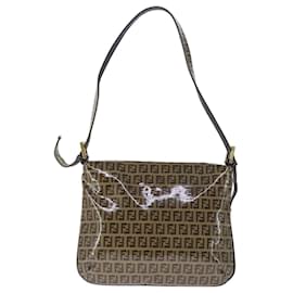 Fendi-FENDI Zucchino Canvas Mamma Baguette Shoulder Bag Enamel Brown Gold Auth 101410-Brown,Golden