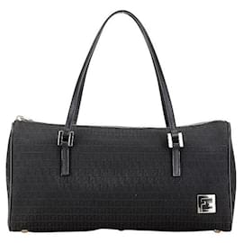 Fendi-Fendi Zucchino Canvas Leather Tote Bag-Black