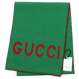 GUCCI Wool Wolf Logo Scarf Green Red Green