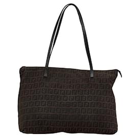 Fendi-Fendi Zucchino Canvas Leather Tote Bag-Brown
