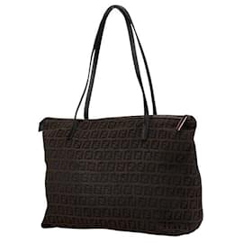 Fendi-Fendi Zucchino Canvas Leather Tote Bag-Brown