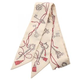 Bufanda Hermès de seda Twilly Las Llaves a Lunares Castaño Beige