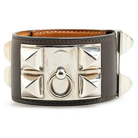 Hermès-Hermes Collier de Chien Brown Silver Bangle-Brown