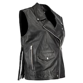 Alexander Mcqueen-McQ by Alexander McQueen Black Lambskin Fringe Detail Biker Vest-Black