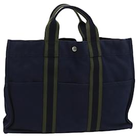Hermès-HERMES Fourre Tout MM Sac Tote Toile Vert Marine Auth ti2458-Vert,Bleu Marine