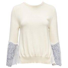 Suéter de chiffon com inserto de renda e mangas de renda Oscar De La Renta, barra assimétrica hi-low Branco Cru
