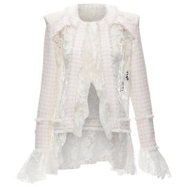 Balmain spencer tweed sheer lace ruffle blazer jacket White