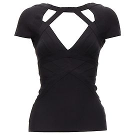Herve Leger top bandage com decote em V e recorte no peito com mangas curtas Preto