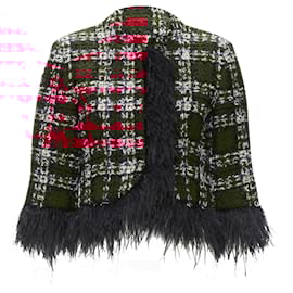 Autre Marque-Halpern tweed feather trim cropped jacket-Red