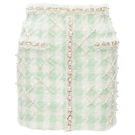 Saia mini préppy em tweed com pérolas adornadas Balmain Verde