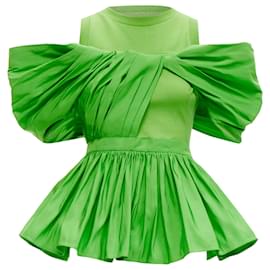 Alexander Mcqueen-Alexander McQueen cotton pleated peplum shoulder top-Green