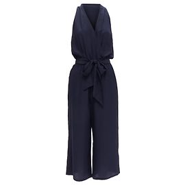 Macacão de seda com decote em V e pernas largas com faixa Tory Burch Azul Azul marinho