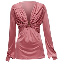 Gucci-Gucci bamboo buckle silky deep v billow sleeve blouse-Pink