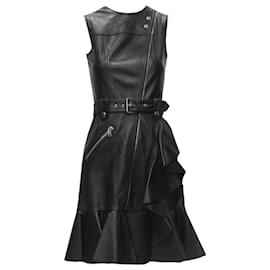 Alexander Mcqueen-Alexander McQueen leather biker belted ruffle trim dress-Black