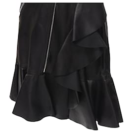Alexander Mcqueen-Alexander McQueen leather biker belted ruffle trim dress-Black