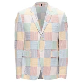 Thom Browne Thom E bunte Streifen Patchwork Seersucker Blazerjacke mit Knöpfen Mehrfarben