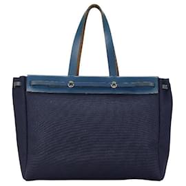 Hermès-Sac fourre-tout en toile et cuir navy Hermes-Bleu