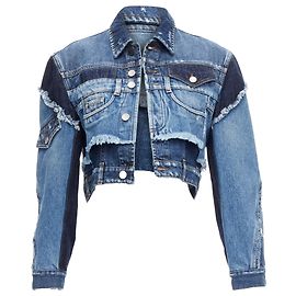 Jaqueta cropped em patchwork de denim desconstruído Dolce & Gabbana Azul
