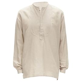 Fendi-Fendi linen cotton raw half button long sleeve shirt-Brown,Beige