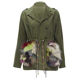 Autre Marque-Harvey Faircloth cotton multi print fox fur pocket drawstring jacket-Green