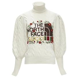 Gucci-Gucci The North Face wool floral logo embroidery cable knit turtleneck-Brown,Beige