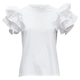 Alexander Mcqueen-Alexander McQueen cotton ruffle sleeve crew neck tshirt-White
