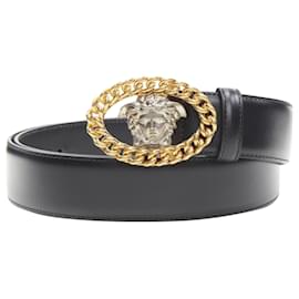 Versace-Cinto de couro com fivela de prata Medusa da Versace-Preto