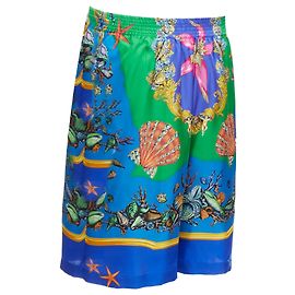 Pantalones cortos de seda con estampado de concha Versace Tresor De La Mer Azul
