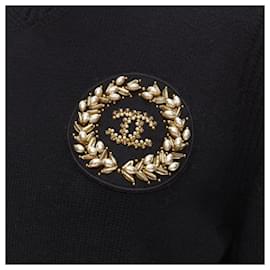 Chanel-Chanel cashmere blend bead pearl CC embellished badge sweater-Black