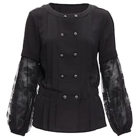 Chanel-Chanel silk floral lace sleeves pleated jacket blouse-Black