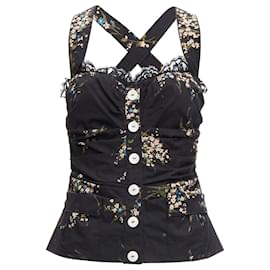 Dolce & Gabbana-Dolce & Gabbana floral print cross back lace trim corset top-Black