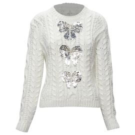 Lurex Kabelstrickpullover mit silbernen Perlen und Pailletten von Valentino Garavani Weiß
