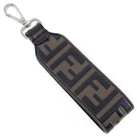 Fendi-Fendi Leather FF Logo Keychain Charm-Brown