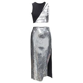 David Koma silver sequins midriff crop top asymmetric high slit skirt set Silvery Metallic