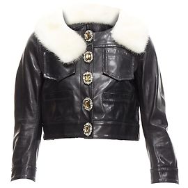 Chaqueta de cuero corta con cuello de piel asimétrico y botón de joya Dsquared2 Negro